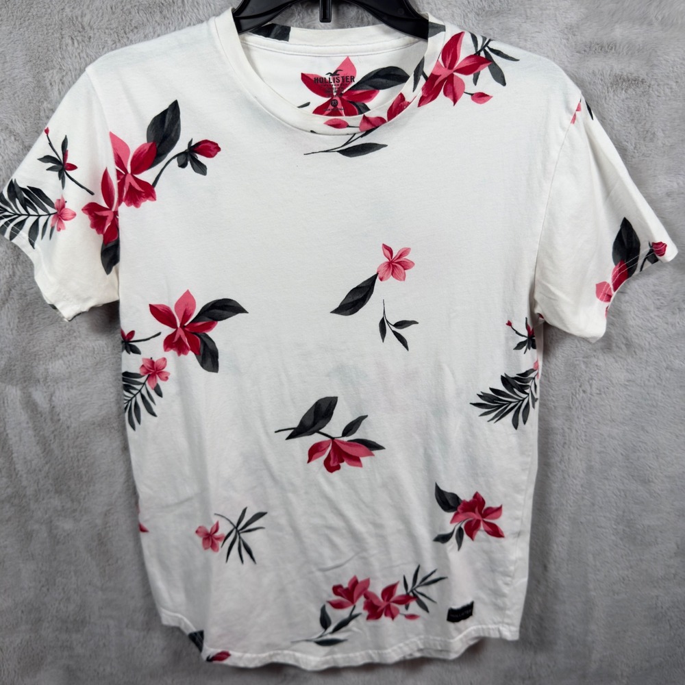 Hollister Mens White Floral Print T Shirt‎ Short Sleeve Crew Neck XS Curved Hem